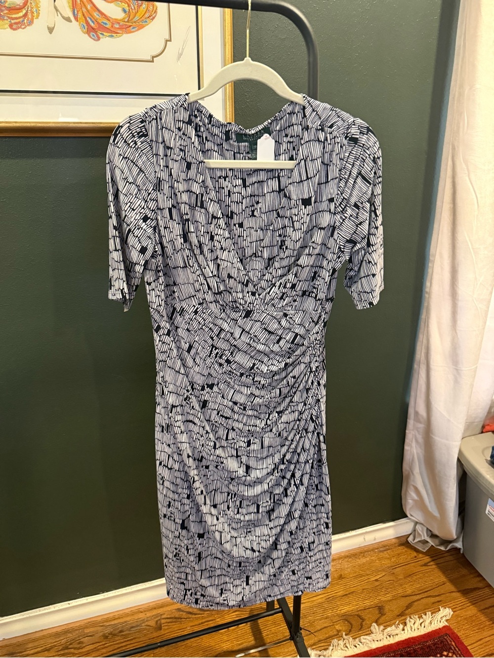 Ralph Lauren Black and White Ruched V-Neck Midi Dress